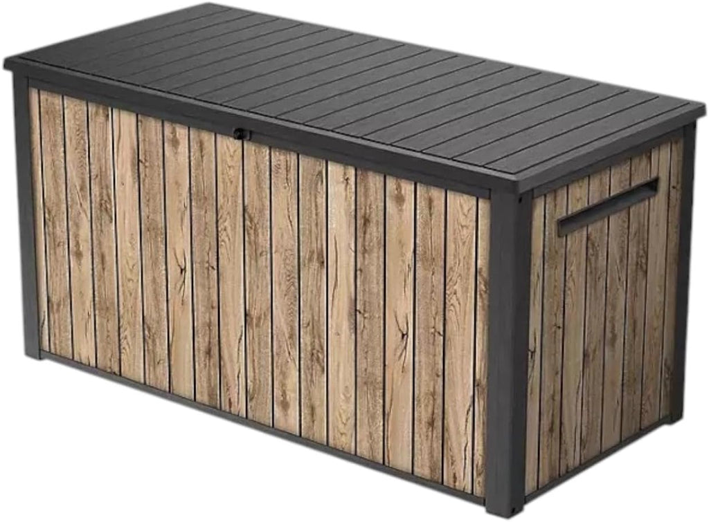 Stylish Indoor/Outdoor Storage Deck Box,Resin,Large Capacity, Weather-Resistant, Lockable lid and Side handles. (Rust Wood Brown, 170 Gallon)