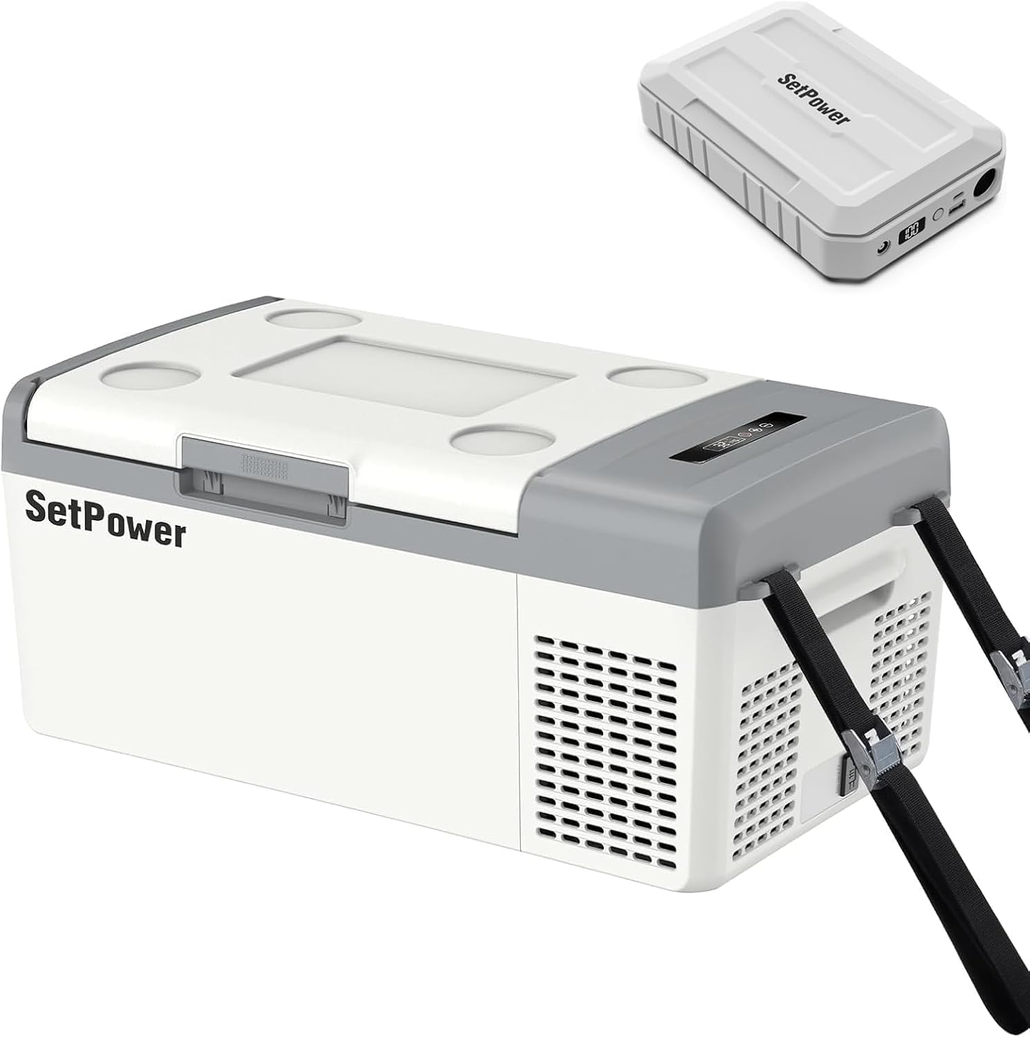 Setpower 12V Refrigerator Electric Coolers with PG216 Power Station, 15L/15.8QT Car Fridge Portable Freezer, Plug In Cooler for Truck RV SUV Travel Camping, White
