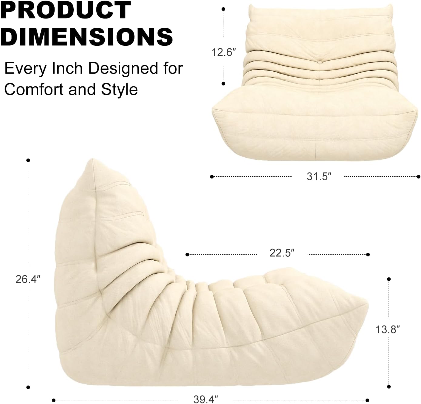 Snug Sofee Bean Bag Chair for Adults, Lazy Floor Sofa Couch - Adult Size with Soft Waterproof Fabric for Living Room, Apartments, Reading Corner, Gaming, and Movie Venue (White)