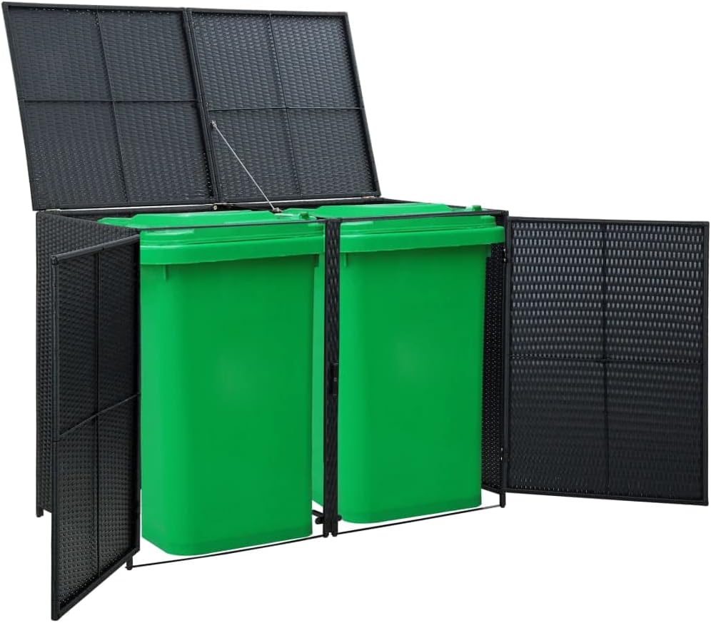 vidaXL Garbage Can Shed, Trash Bin Shed, Double Wheelie Bin Storage, Outdoor Garbage Can Enclosure for Garden Patio Lawn, Black Poly Rattan