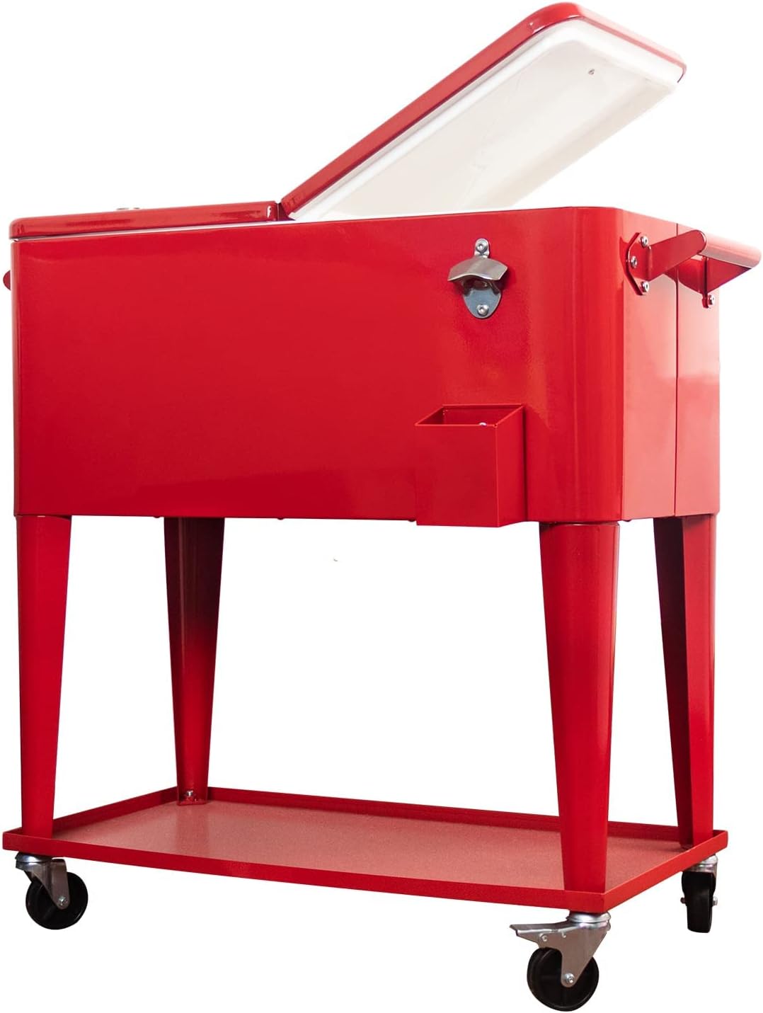 80 Quart Rolling Ice Chest Cooler Cart,for Outdoor Patio Deck Party Portable Party Bar Cold Drink Beverage Cart, Backyard Cooler Trolley on Wheels with Shelf, Bottle Opener