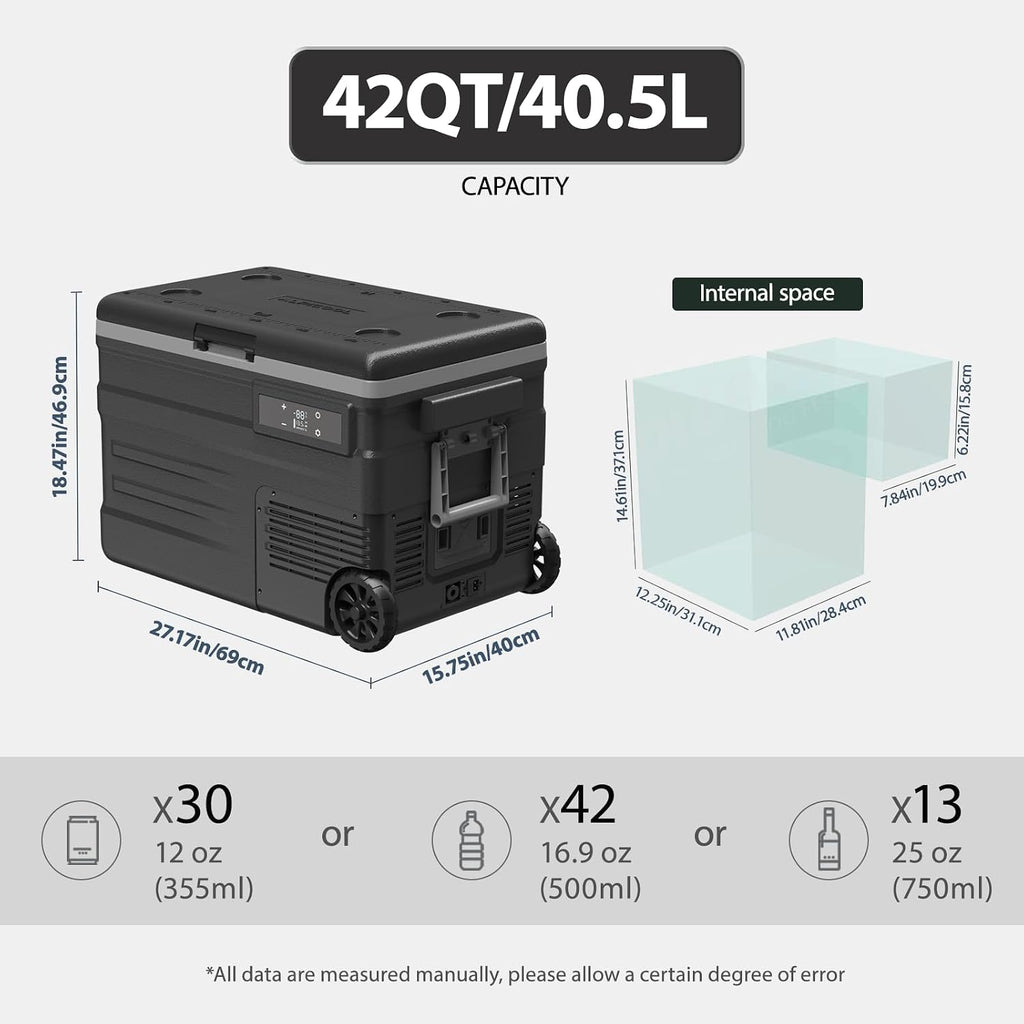 UD45E 12 Volt Refrigerator,Dual Zone Portable Freezer with Wheels & Battery Compartment,42QT(40.5L) Electric Cooler,-4℉~68℉,12/24V DC 100-240V AC for Camping, Travel, Truck, RV (Batt.Not Incl)