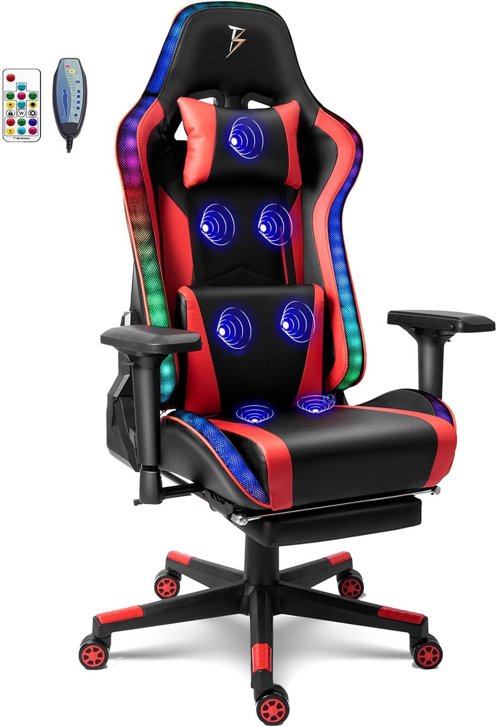 RGB LED Gaming Chair with Seven-Point Massage Function,Computer Chair with Speakers,Ergonomic Chair with Footrest and Lumbar Support,90°-180° Tilt Office Chair,Red