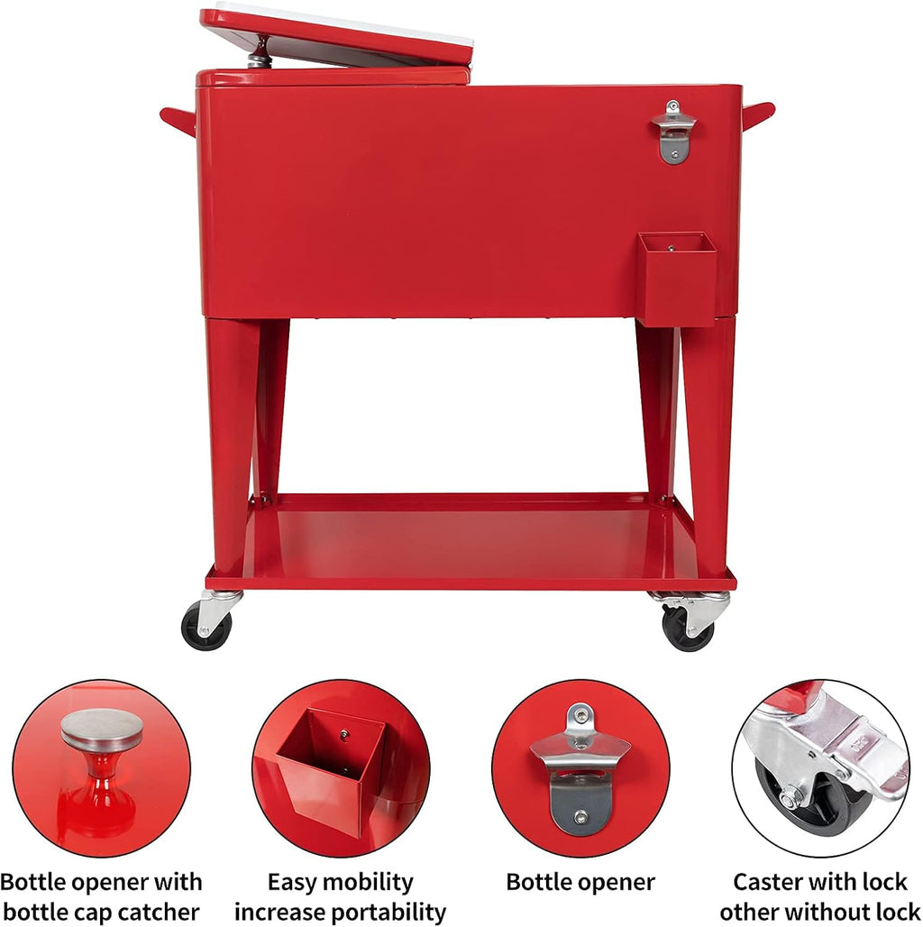 80 Quart Rolling Ice Chest Cooler Cart,for Outdoor Patio Deck Party Portable Party Bar Cold Drink Beverage Cart, Backyard Cooler Trolley on Wheels with Shelf, Bottle Opener