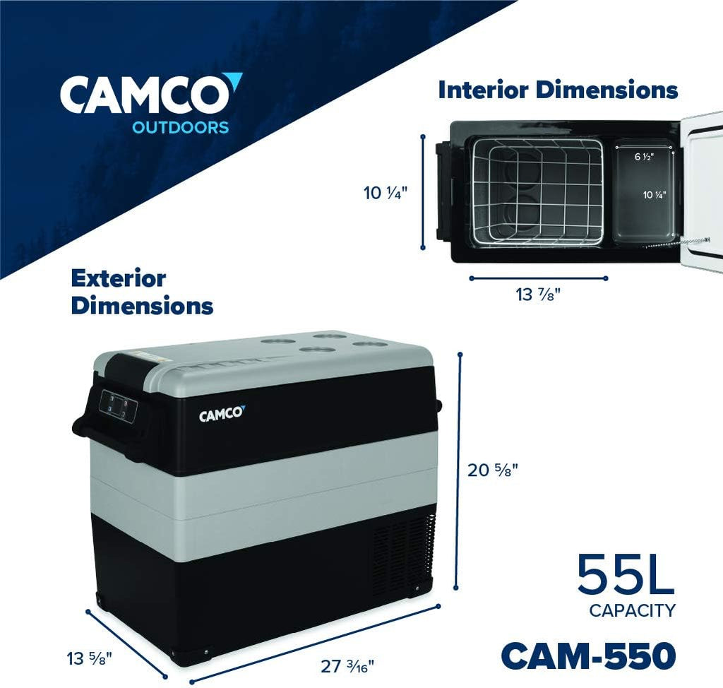 Camco 51518 CAM-550 Portable Refrigerator, AC 110V/DC 12V Compact Fridge/Freezer, 55-Liter - Keeps Food and Drinks Cold While On-The-Go - Ideal for Road Trips, RVing, Camping, Boating and Tailgating , Black