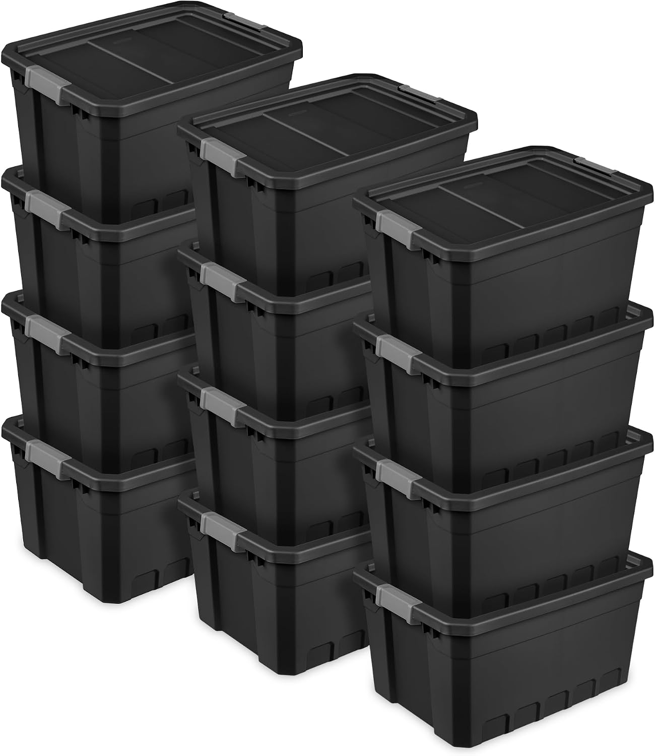 Sterilite 12-Pack Plastic Storage Bins with Lids, Stackable Containers, 19 Gallon, Black