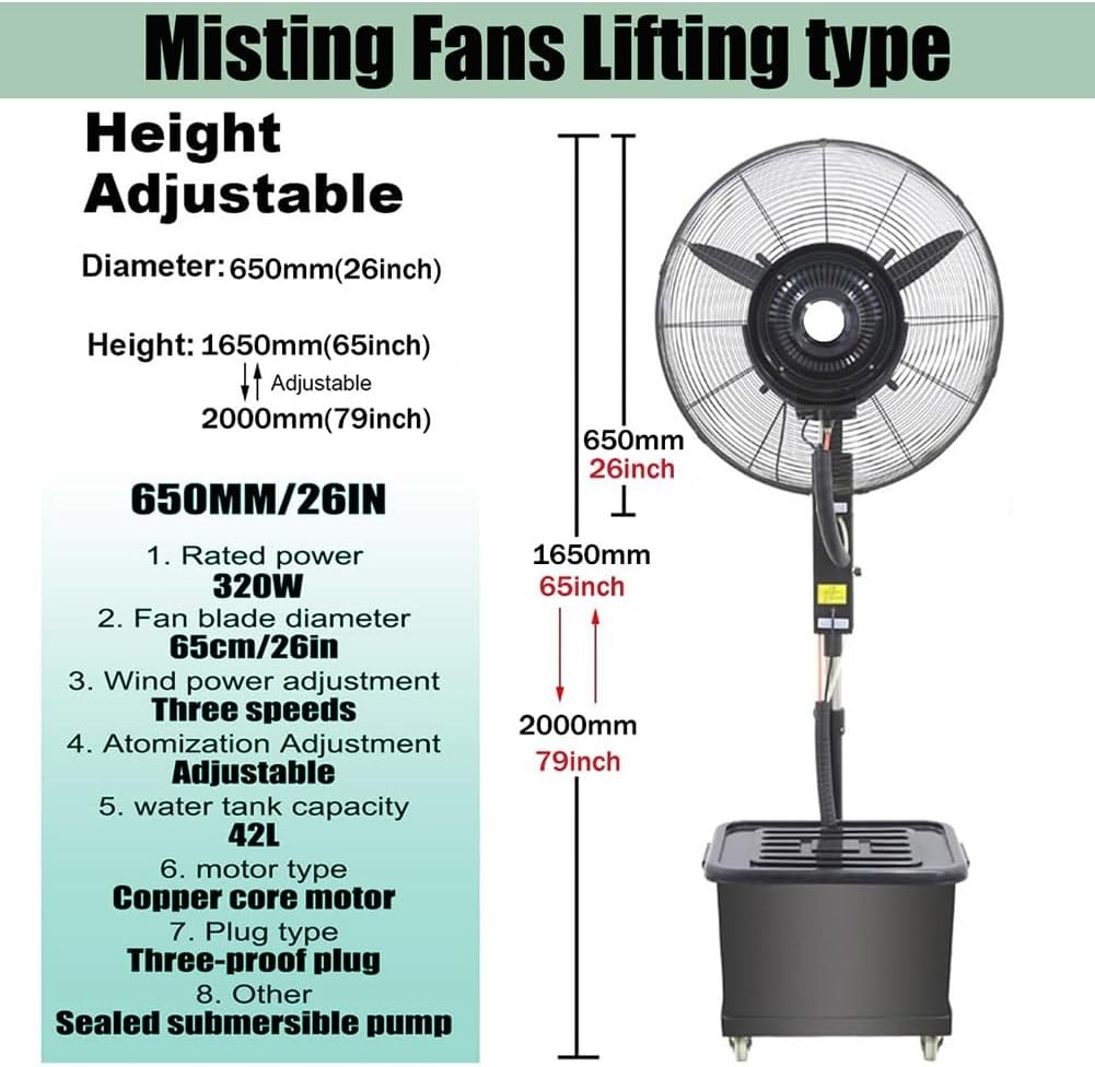 Misting Fan Portable 26' 30' Adjustable Oscillating Cooler with Wheels Industrial Mister Fans for Outside Patio, Standing Fan for with 11 Gallon/42L Water Tank, 3 Cooling Speeds(26in(650mm))