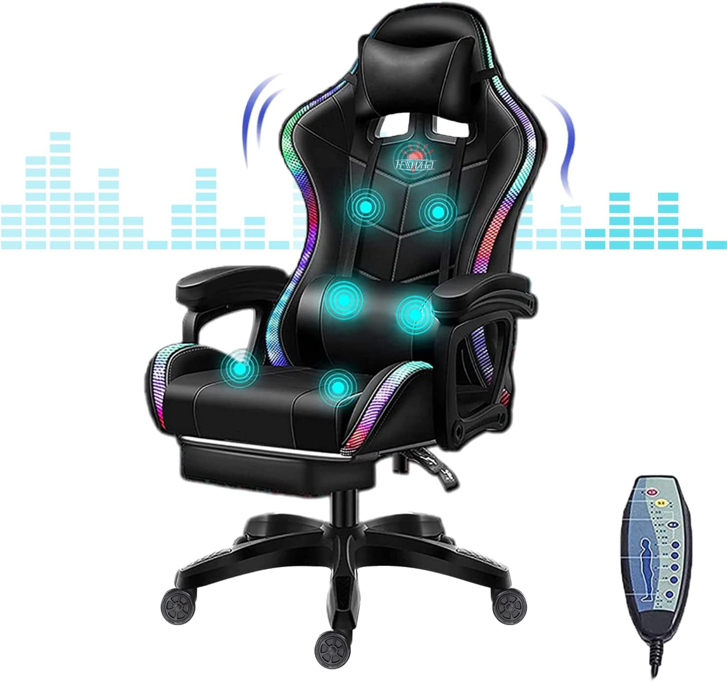 Gaming Chair with Speakers, Ergonomic Massage Gaming Chair with Massage Function, Video Game Chairs with LED Light Swivel Racing Computer Chair 90°-135° Adjustment of Backrest,Black