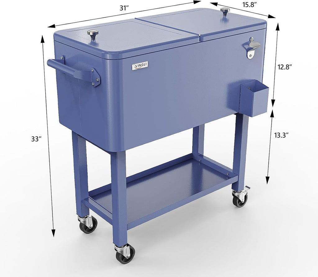 VINGLI Rolling Ice Chest, Portable Patio Party Bar Drink Cooler Cart, with Shelf, Beverage Pool with Bottle Opener