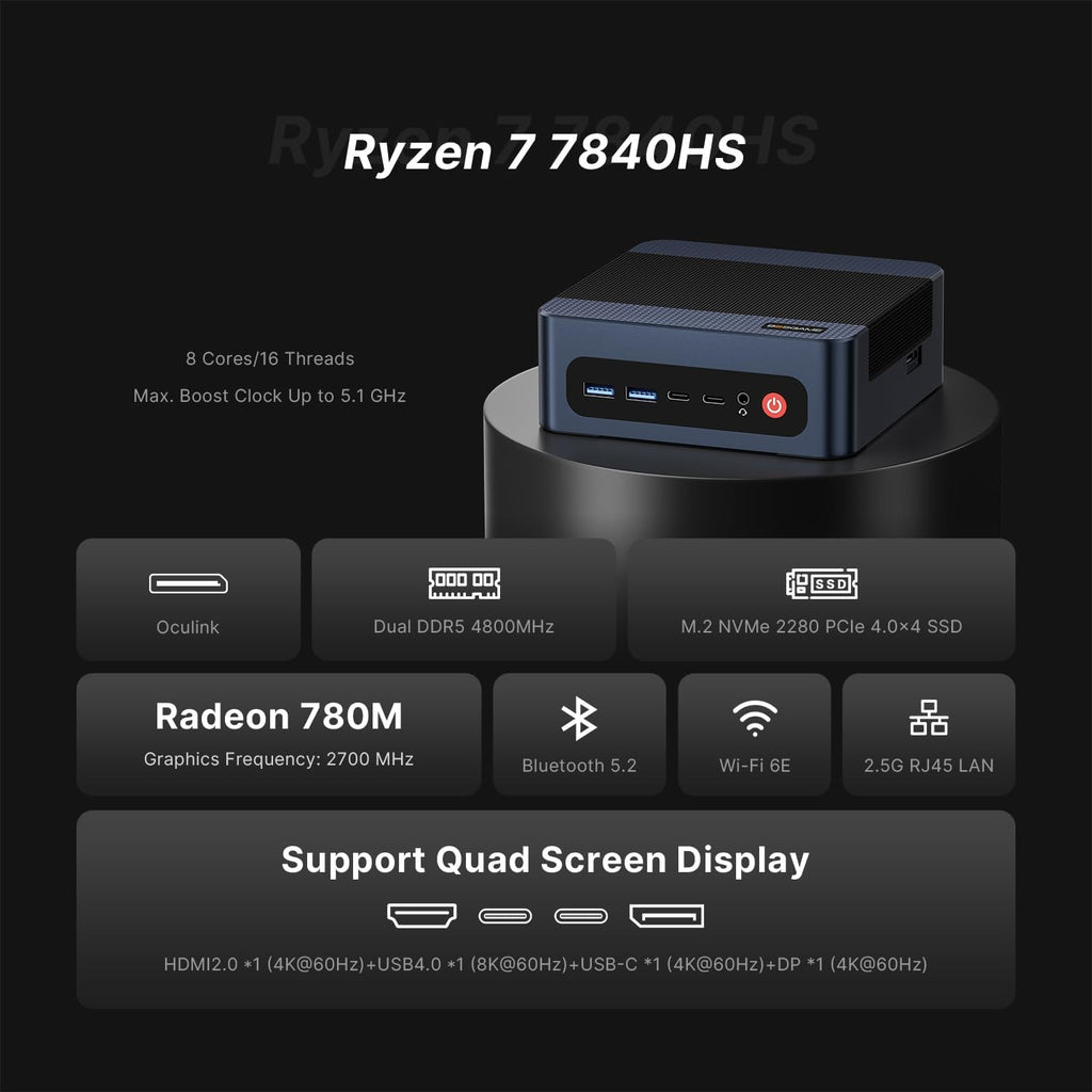 BOSGAME M4 Oculink Mini PC Ryzen 7 7840HS, 8K 60Hz USB4 Radeon 780M GPU Gaming Computers, 11 Pro-OS Desktop PC, 32GB DDR5 RAM, 1TB PCIe 4.0 NVMe 2280 SSD, Wi-Fi6, BT 5.2