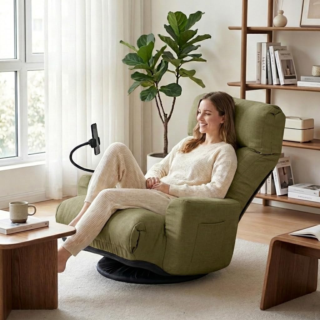 Gaming Chair Floor Sofa, Gaming Lounge Chair with 14-Section Head & 3-Section Waist Adjustment, 360° Swivel & Spring Seat for Gaming, Napping, Reading, Dorm, Small Apartment (Green)