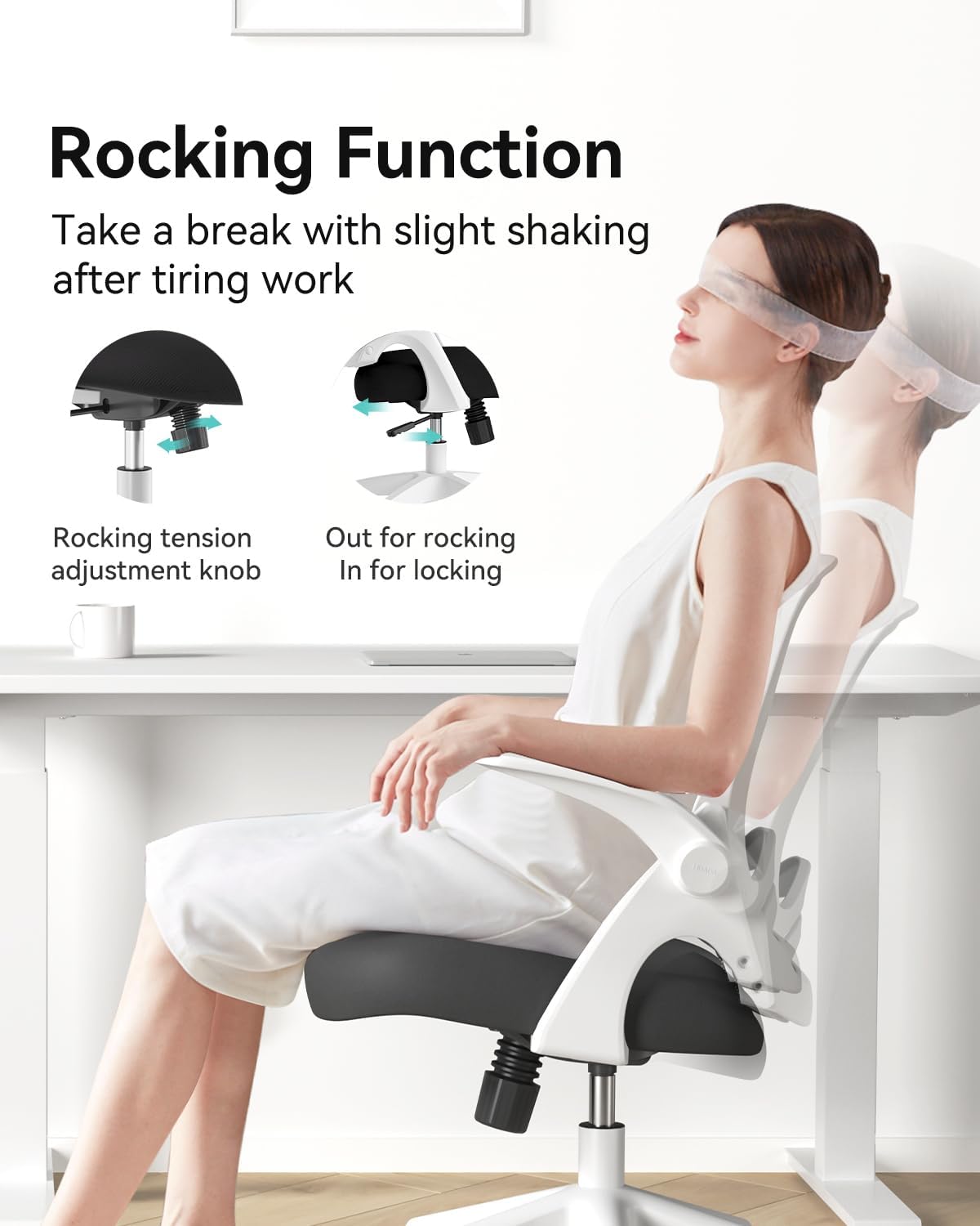 Hbada Office Desk Chair with Flip-Up Armrests and Saddle Cushion, Ergonomic Office Chair with S-Shaped Backrest, Swivel, Mesh, White