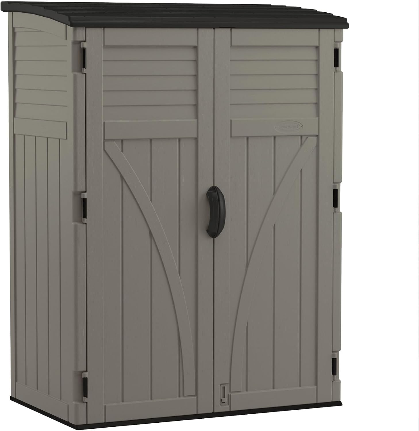 Suncast Modernist 4' x 2.5' Lockable Outdoor Garden Resin Low Profile Horizontal Storage Shed with 3 Doors, 34 Cubic Feet, Gray & 54 cu. ft Resin Vertical Lockable Storage Shed, Stoney, BMS5700SB