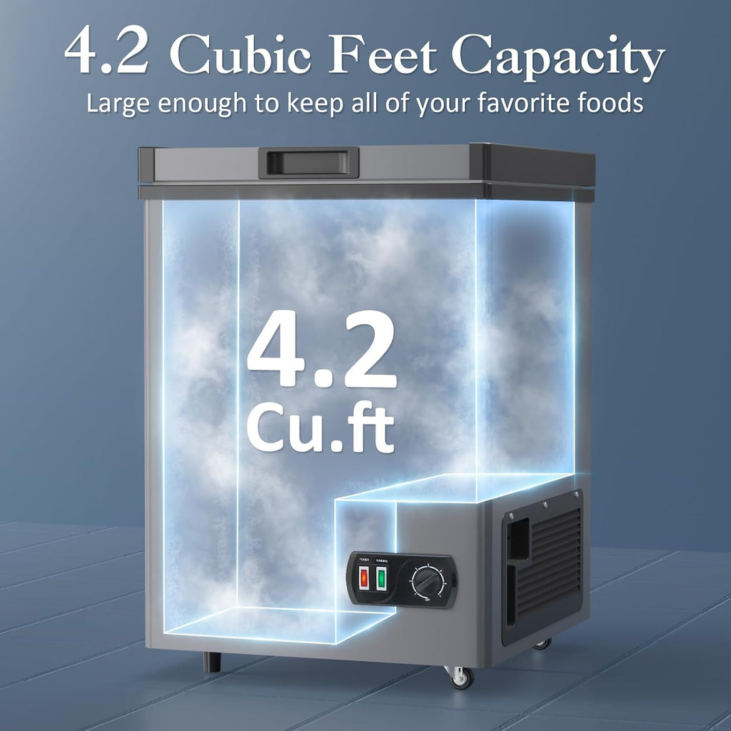 Chest Freezer - 4.2 Cu Ft Compact Deep Freezer with Fast Cooling & Convenient Pulley, Perfect for Kitchen Parlor, Small Freezer with Low Noise & Energy Saving, Space Gray