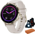 Garmin 010-02785-04 Venu 3S Health Fitness GPS Smartwatch Gold Steel Bezel with Ivory Case (41mm) | Official USA Partner Model | Bundle with Towel, Deco Essentials Commuter Front, Rear Safety Light