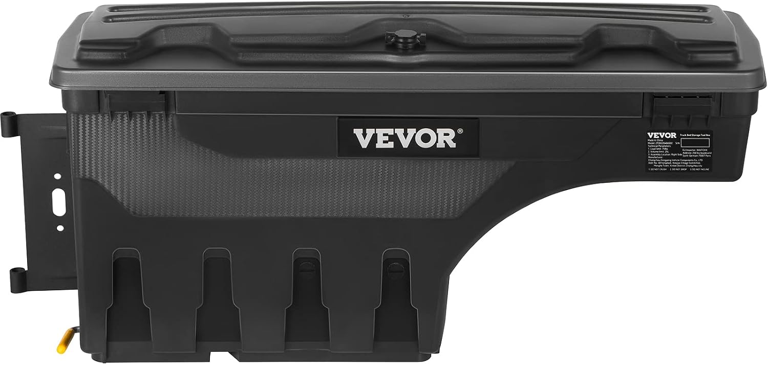 VEVOR Truck Bed Storage Box, Lockable Lid, Waterproof ABS Wheel Well Tool Box 6.6 Gal/20 L, Compatible with Chevrolet Silverado 1500 GMC Sierra 1500 2019-2020, Driver Side, Black