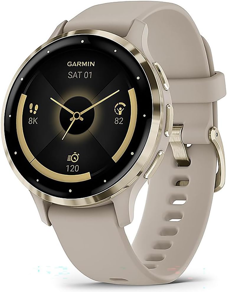 Garmin 010-02785-02 Venu 3S Health Fitness GPS Smartwatch Gold Steel Bezel with French Gray Case 41mm Bundle with Deco Essentials Charging Dock, Dust Cover 3 Pack and 2-Pack Screen Protector