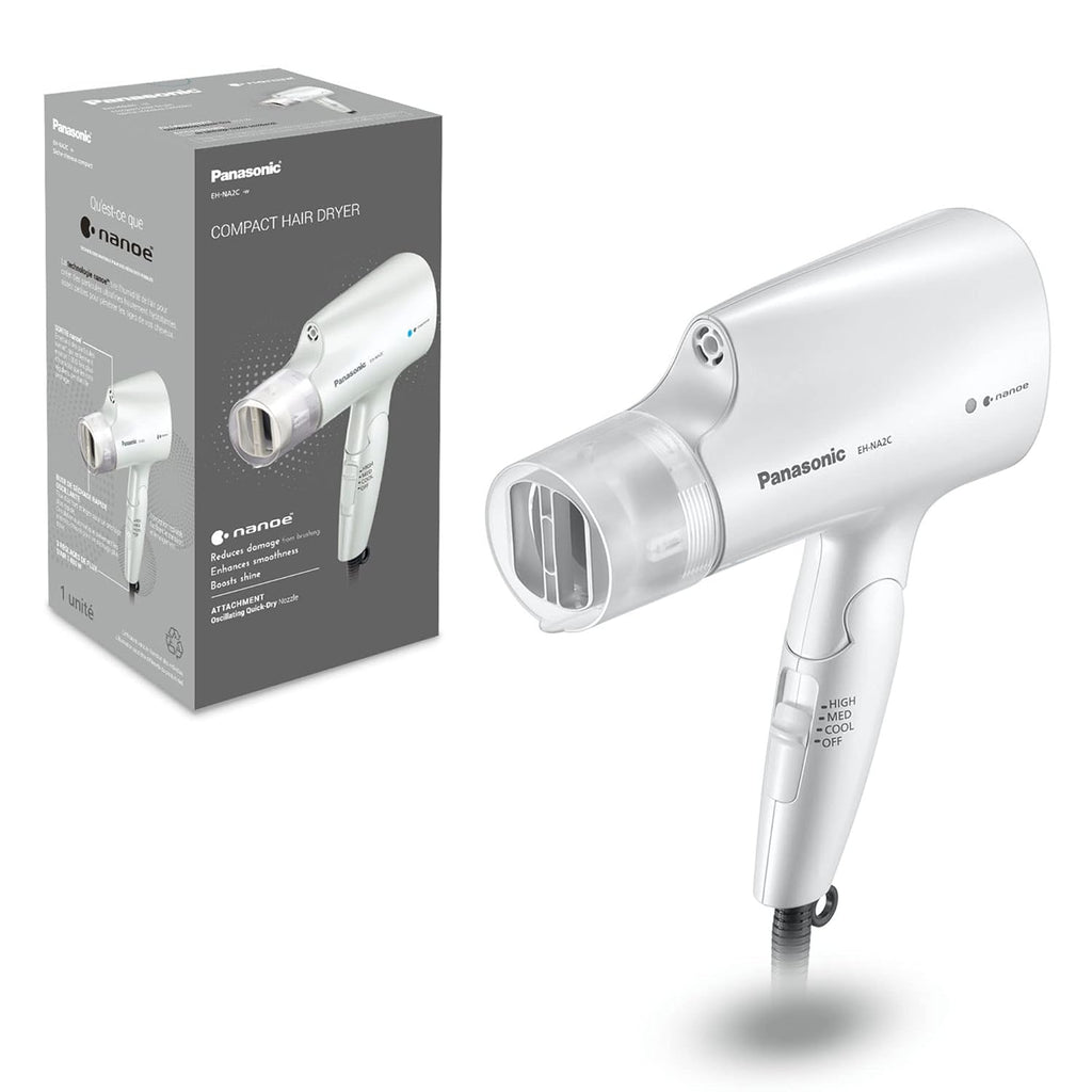 Panasonic nanoe Compact Hair Dryer EH-NA2C-W (White) - Japanese Nanoe Techonology, Foldable Travel Blow Dryer with Oscillating Quick Dry Nozzle, 1400W Lightweight Portable Hair Dryer, Anti-Frizz