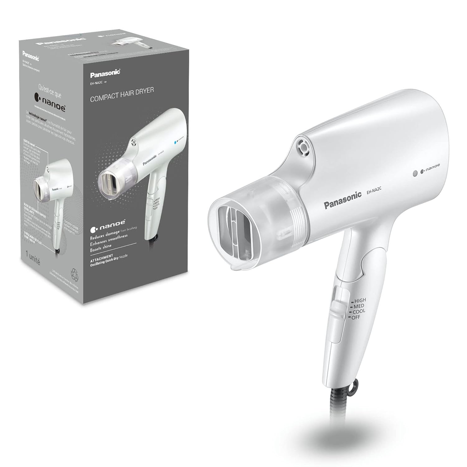 Panasonic nanoe Compact Hair Dryer EH-NA2C-W (White) - Japanese Nanoe Techonology, Foldable Travel Blow Dryer with Oscillating Quick Dry Nozzle, 1400W Lightweight Portable Hair Dryer, Anti-Frizz