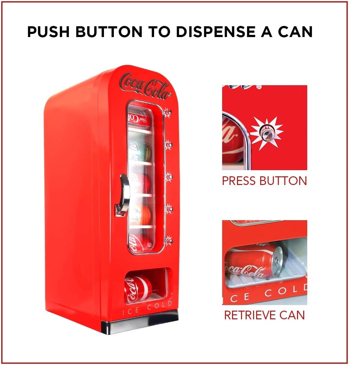 Coca-Cola AC/DC Retro Vending Electric Cooler with 10 Can Capacity - Beverage Vending Machine with Thermoelectric Cooling and Tall Window Display