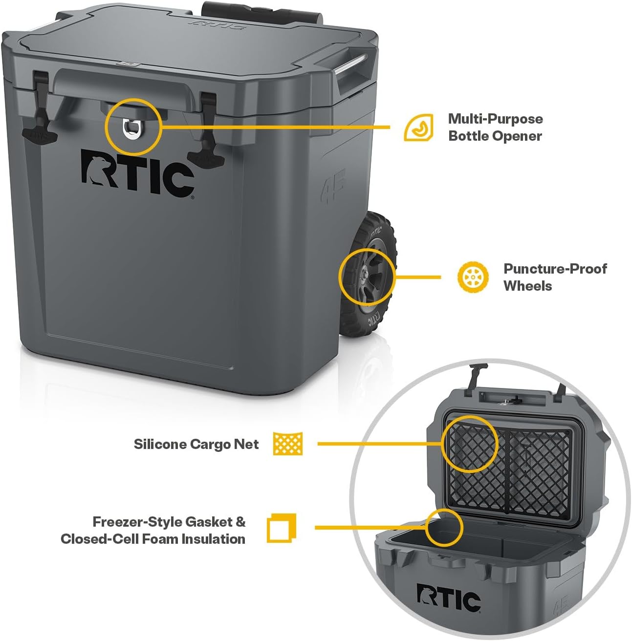 RTIC 45 QT Wheeled Ultra-Tough Cooler Hard Insulated Portable Ice Chest Box for Beach, Drink, Beverage, Camping, Picnic, Fishing, Boat, Barbecue, Rotomolded Construction