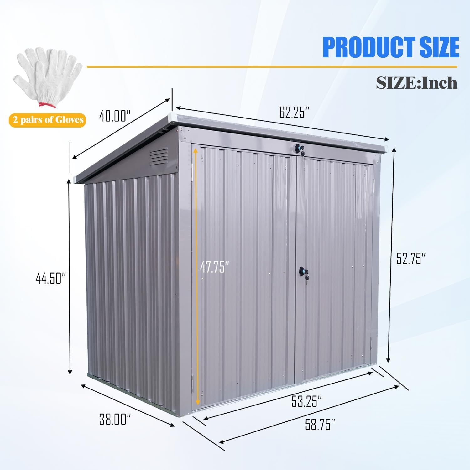 Upgraded Outdoor Trash Can Storage, 62'' Garbage Bin Shed Stores 2 Trash cans and Tools,Stainless Galvanized Steel Waterproof Lockable Garbage Shed for Garden Yard Lawn (Gray)
