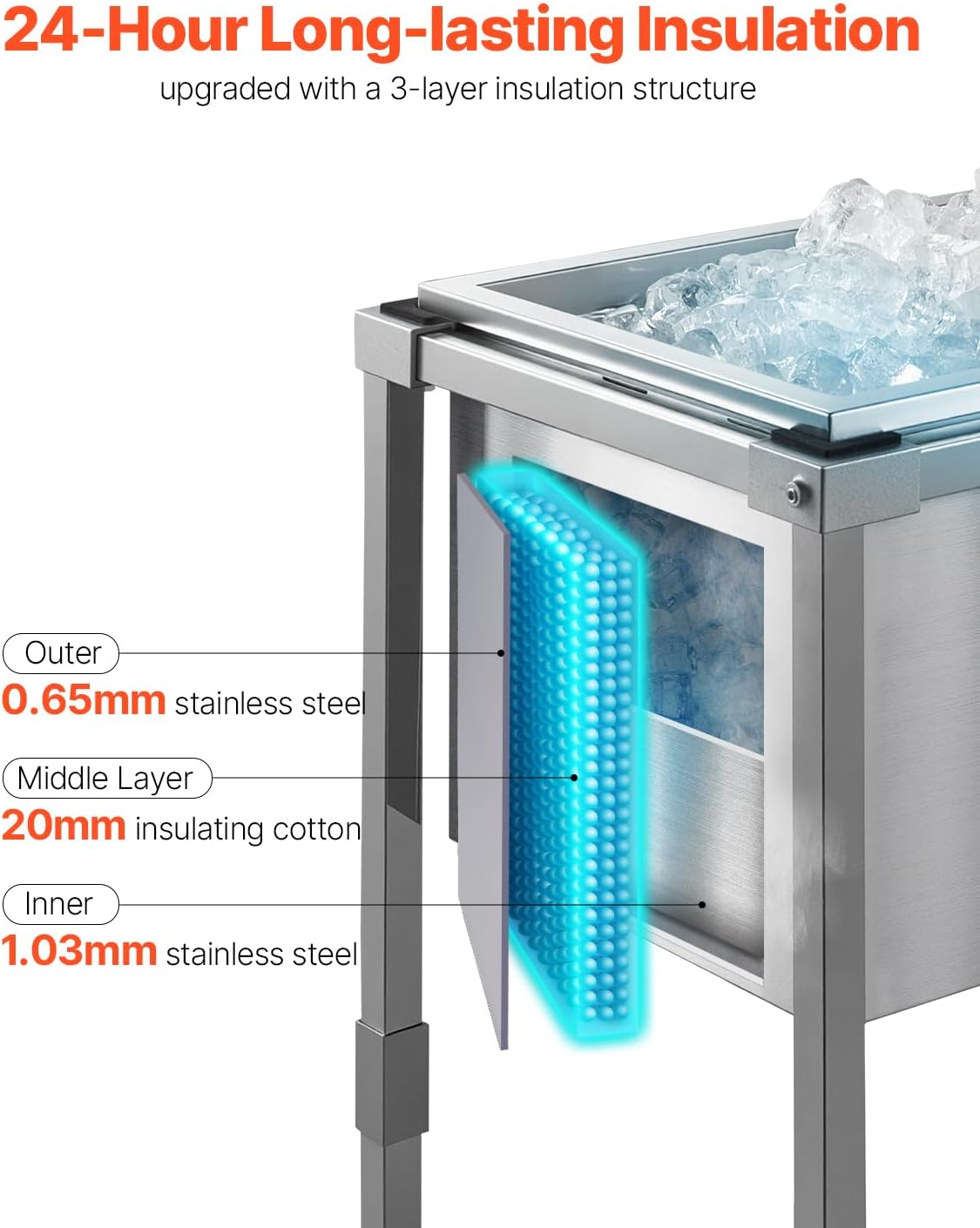 VEVOR Commercial Ice Bin, Underbar Ice Bin, Stainless Steel Ice Chest with Sliding Lid, Bottle Holders, Adjustable Bullet Feet, Cooler Cart Cocktail Unit for Bar Restaurant Pub