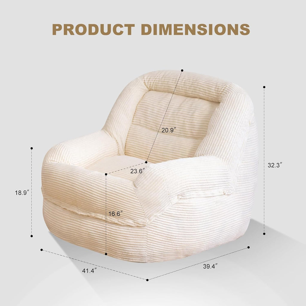 Giant Bean Bag Chair with Armrests - Oversized Cozy Seating for Adults, Corduroy Fabric & High-Resilience Foam Filling, Ideal Lounge for Living Room, Bedroom & Gaming Room (White)