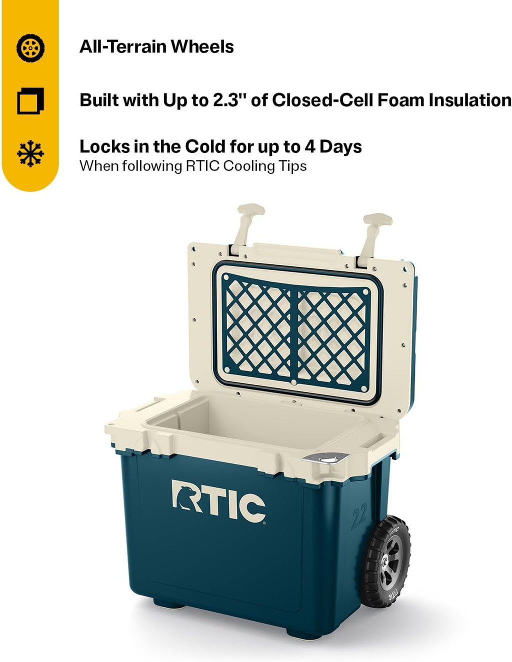 RTIC 22 QT Ultra-Light Wheeled Cooler with Handle, Hard Insulated Portable Ice Chest Box for Beach, Drink, Beverage, Camping, Picnic, Fishing, Boat, Barbecue