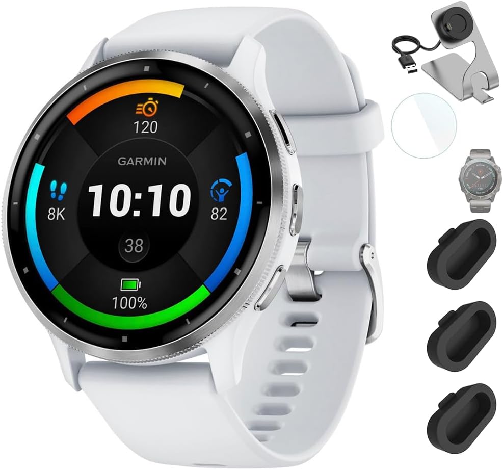 Garmin Venu 3 Health Fitness GPS Smartwatch Silver Steel Bezel w/Whitestone Case (45mm) Bundle with Charging Dock for Venu 3 + Deco Essentials Silicone Dust Cover - 3 Pack + 1.4 Inch Screen Protector
