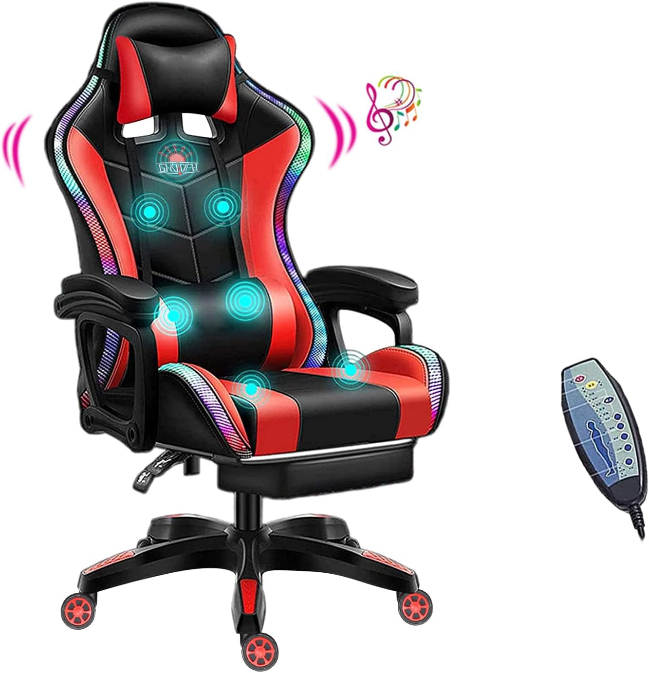 XOOFMASS Gaming Chair with Speakers Video Game Chair with RGB LED Lights Ergonomic Racing Office Chair, PU Leather Recliner Computer Chair Swivel E-Sports Chair with Armrest and Lumbar Support,Red