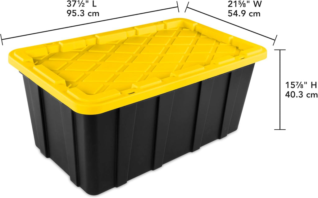 Sterilite 38 Gal Industrial Tote, Stackable Storage Bin with Snap-Fit Lid for Garage, Basement & Attic Storage, Black Base and Yellow Lily Lid, 4-Pack