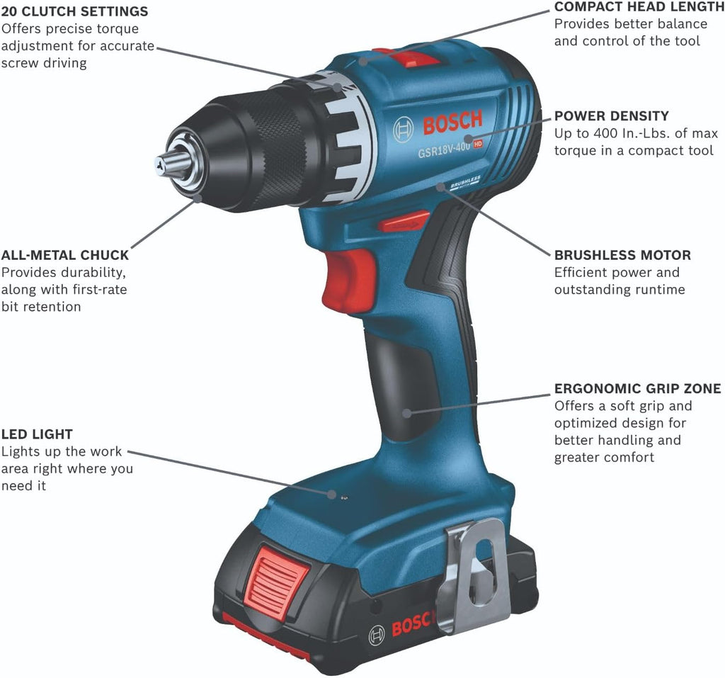 BOSCH GSR18V-400B22 18V Compact Brushless 1/2 In. Drill/Driver Kit with (2) 2 Ah Standard Batteries