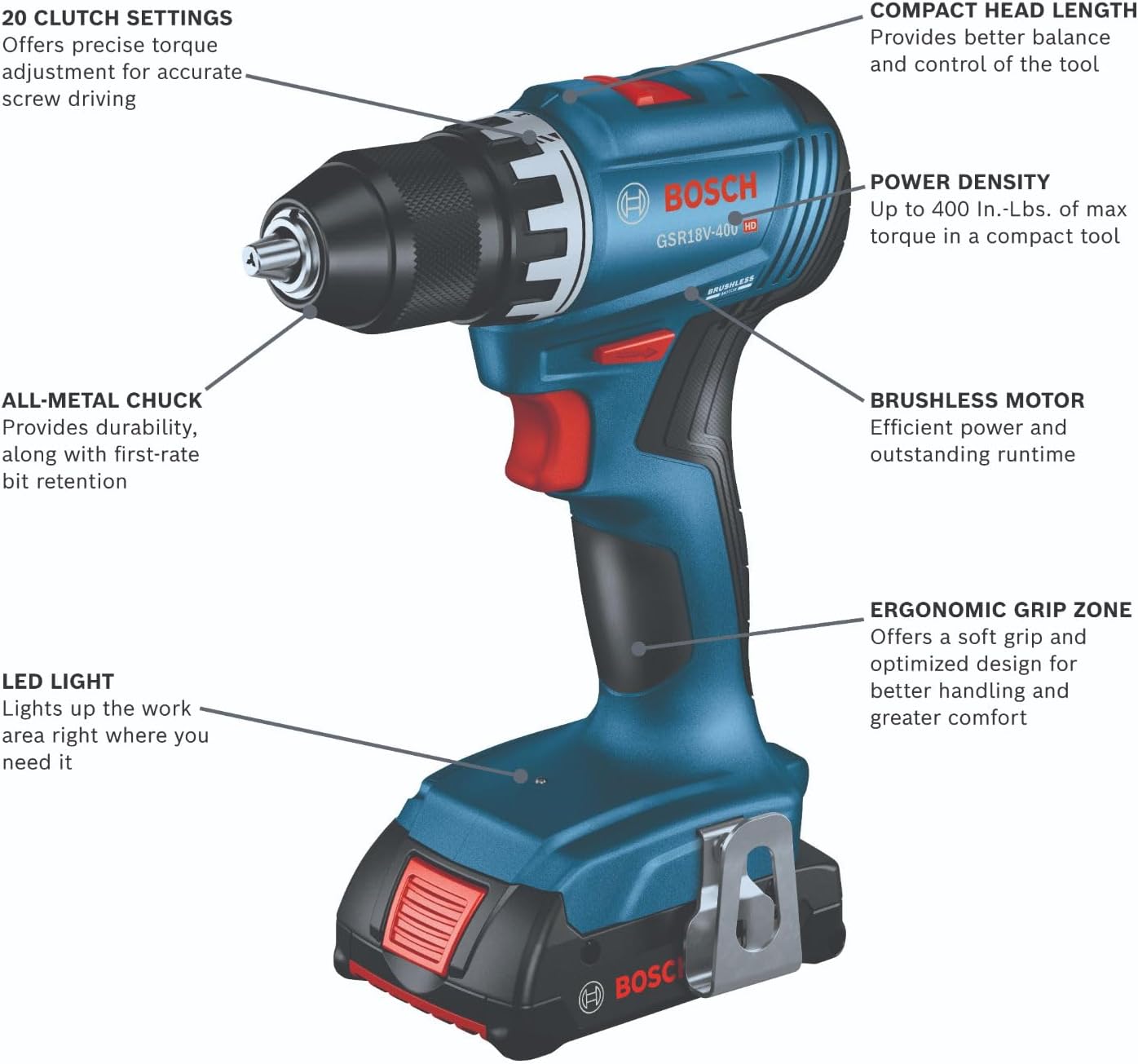 BOSCH GSR18V-400B22 18V Compact Brushless 1/2 In. Drill/Driver Kit with (2) 2 Ah Standard Batteries