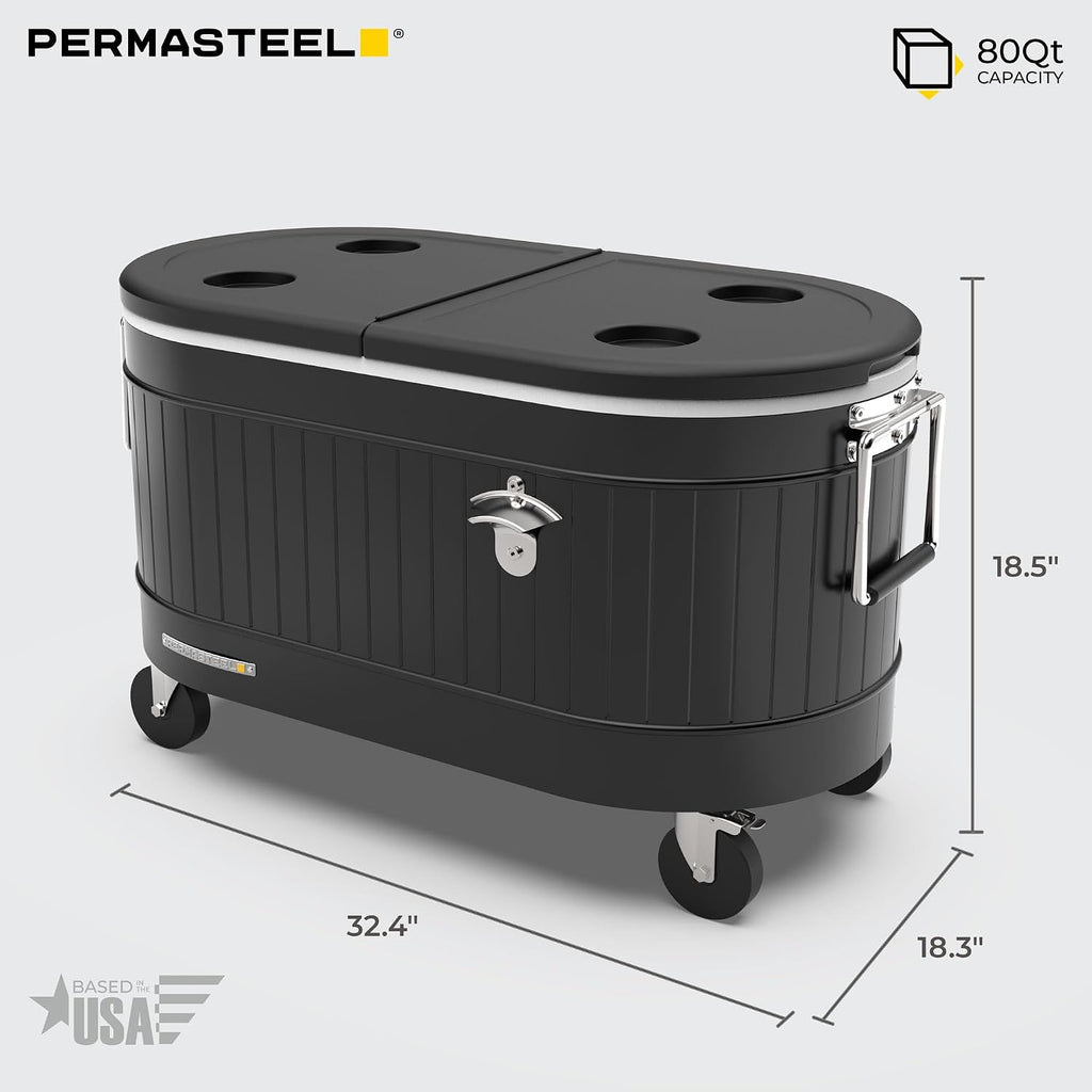 Permasteel Rolling Patio Cooler – Large Outdoor Ice Chest with Wheels, Beverage Cooler for Backyard, BBQ, Tailgate, Beach, Parties, Rustic Farmhouse Design