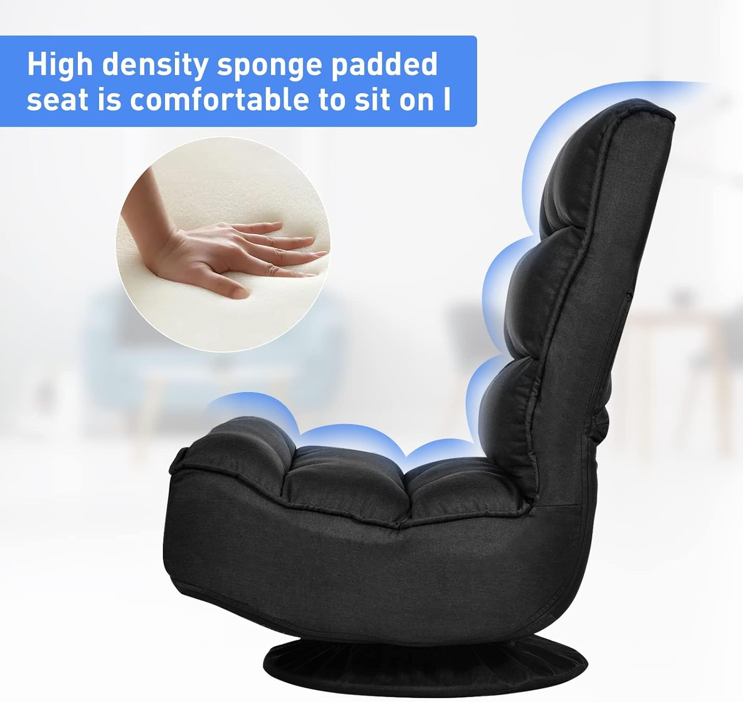 ERGOMASTER Reclining Folding Floor Gaming Chair w/ 360-Degree Swivel, 5 Adjustable Positions（Black）