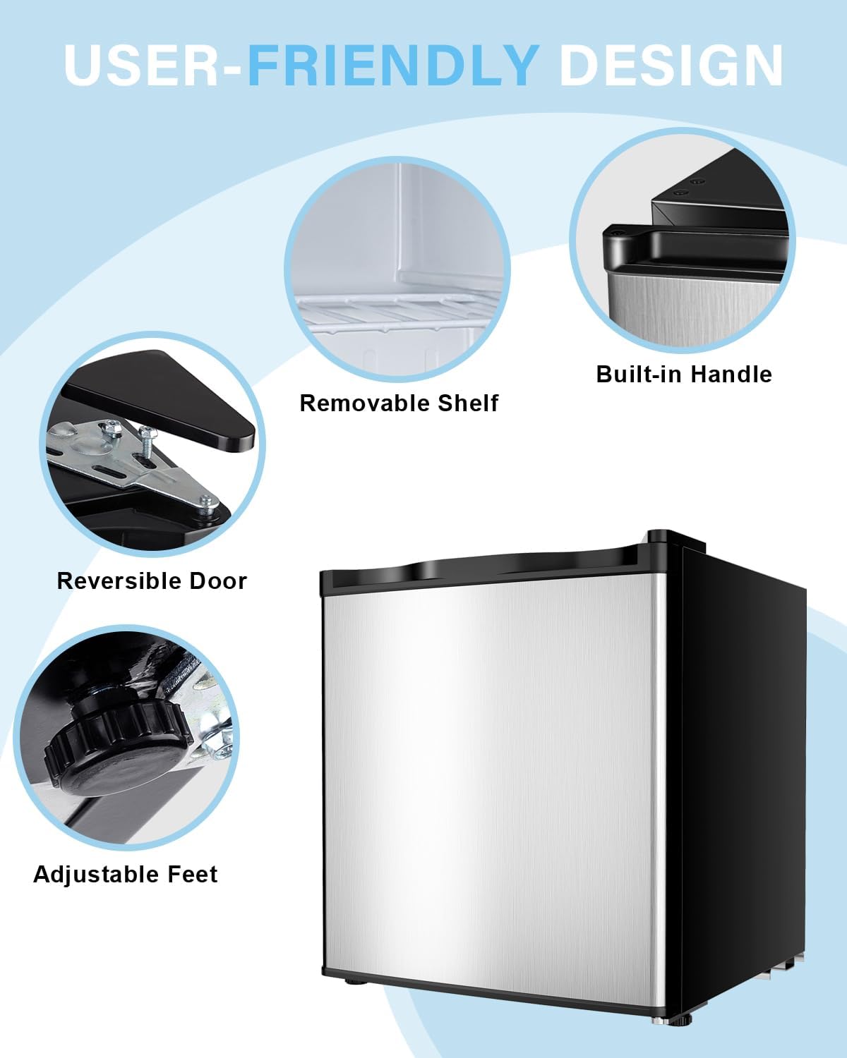 Feelfunn 1.1 Cu.ft Mini Freezer - Compact Upright Freezer with 7 Adjustable Thermostat, Removable Shelf, Reversible Single Door, 360°Uniform Cooling Small freezer for Home Office Kitchen Dorm, Silver