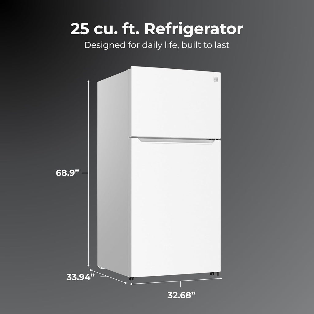Kenmore 33' Top Mount Refrigerator with Freezer - Adjustable Shelving, Humidity-Controlled Crispers, Optional Ice Maker, LED Lighting, ENERGY STAR Certified, 25 cu. ft. Capacity - White