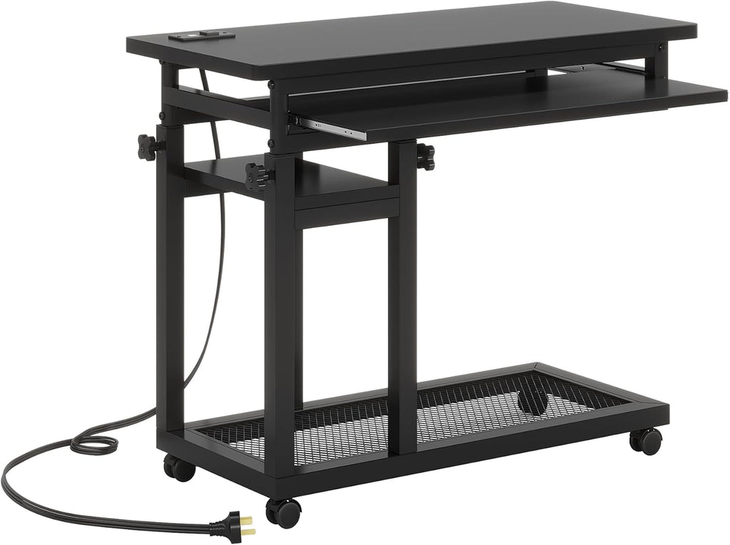 Tribesigns Small Portable Desk with Power Outlet, Height Adjustable Sofa Couch Bedside Laptop Table with Wheels, Mobile Standing Desk Rolling Computer Cart C Side Table with USB Ports