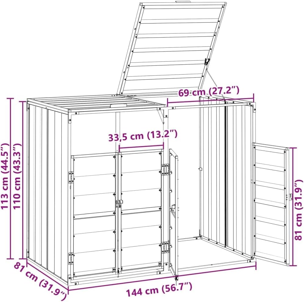 Steel Wheelie Bin Storage for Double Bins, Outdoor Storage Shed for Garbage Cans, Outdoor Trash Can Storage Shed, Gray 56.7'x31.9'x44.5' Steel,-632