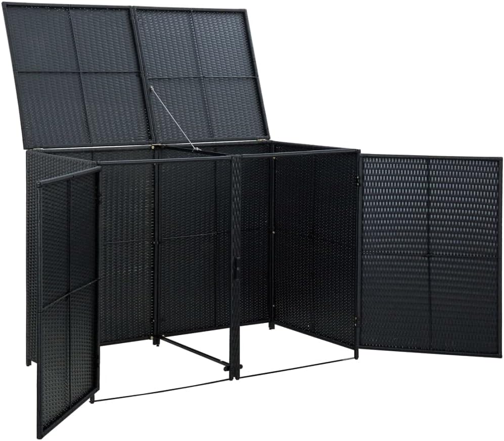 vidaXL Garbage Can Shed, Trash Bin Shed, Double Wheelie Bin Storage, Outdoor Garbage Can Enclosure for Garden Patio Lawn, Black Poly Rattan