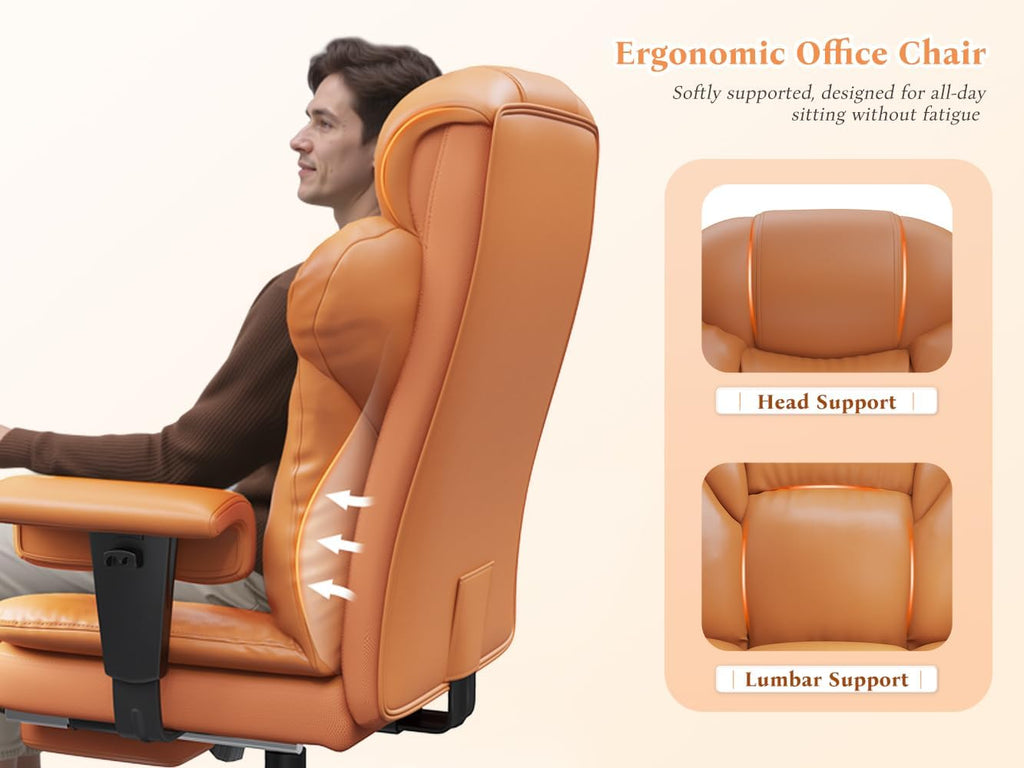 DurayLoly Office Chair with High Back,Big and Tall Executive Leather Office Chair with Foot Rest & Arms,Wide Reclining Desk Chair Ergonomic with Lumbar Support for Home Office,Brown