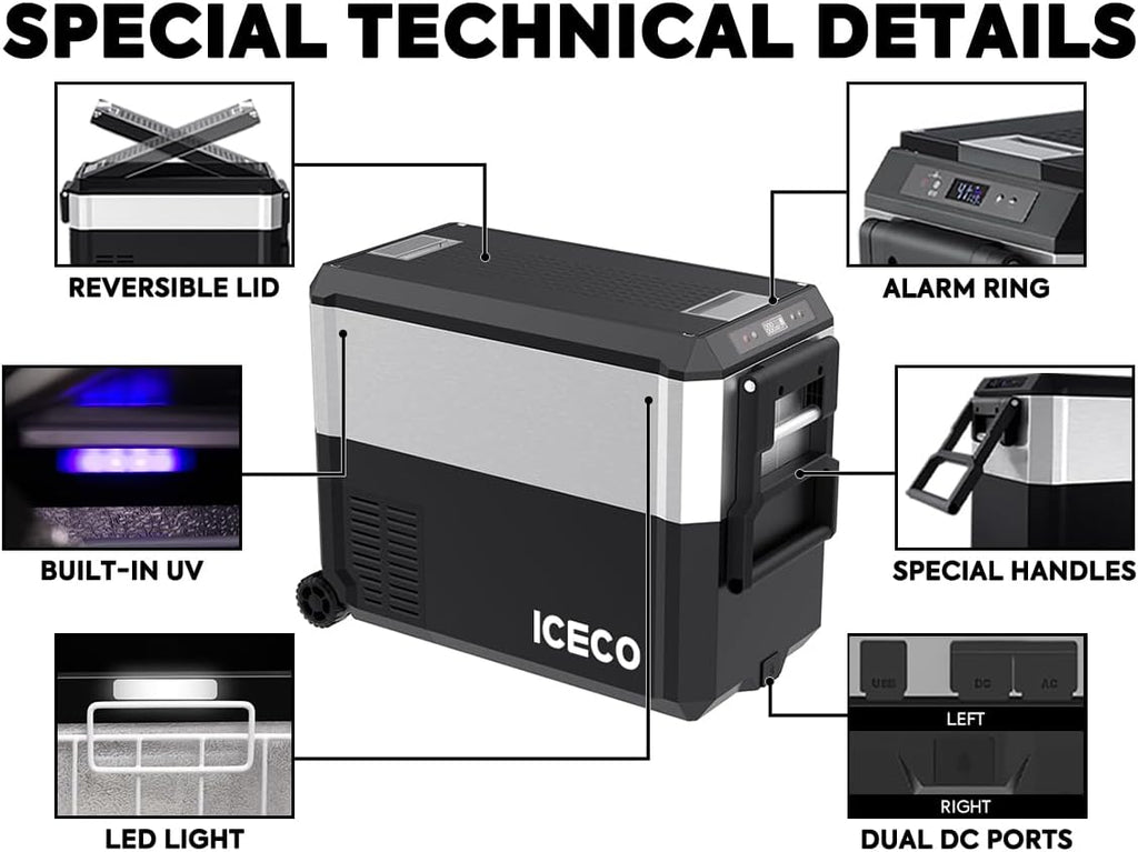 ICECO JP50 Pro 12 Volt Refrigerator, Portable Fridge with Wheels, 12V Car Fridge Freezer Powered by SECOP, Electric Cooler with AC/DC, 40.7 Quart, -4℉～68℉, With Cigarette Extension Cable