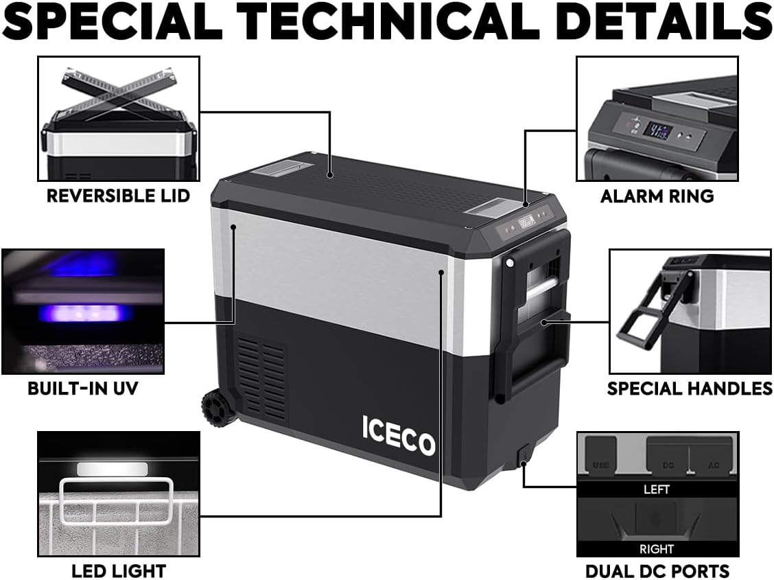 ICECO JP50 Pro 12 Volt Refrigerator, Portable Fridge with Wheels, 12V Car Fridge Freezer Powered by SECOP, Electric Cooler with AC/DC, 40.7 Quart, -4℉～68℉, With Cigarette Extension Cable