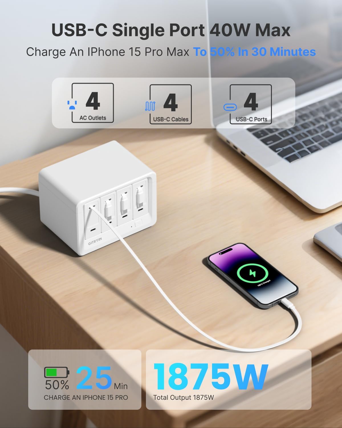 Gitryin 12-in-1 Desktop Charging Station with 4 Retractable Wall Chargers, 40W USB-C Power Strip with 4 AC, 4 USB C, 4 Type-C 33.5in Cables, Extension Cord with 1020J Surge Protection for Home Office