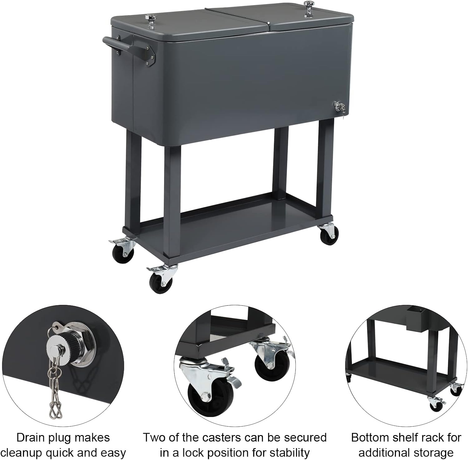 80 Quart Rolling Cooler Cart with Shelf and Bottle Opener for Patio Party