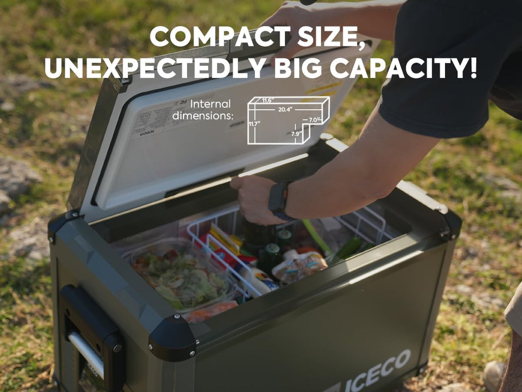 ICECO VL35 ProS 12 Volt Refrigerator Powered by SECOP, 35 Liters Portable Fridge, Multi-directional Lid, Dual USB & DC 12/24V, AC 110-240V, 0℉-50℉, for Car, Truck(VL35 ProS Olive Green+Slide)
