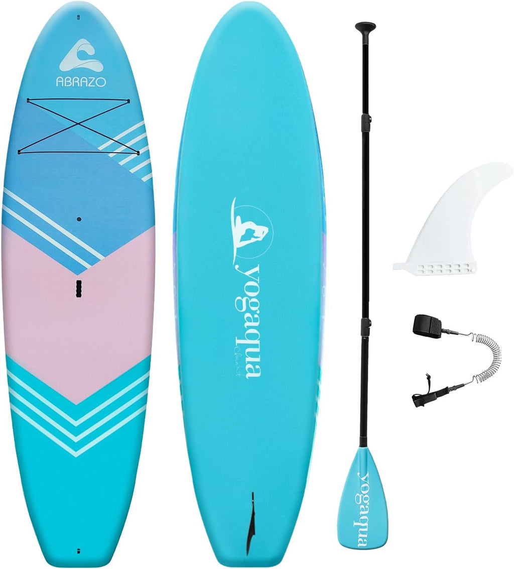 Abrazo YOGAqua 10'6' x 34' x 5' Rigid Stand Up Paddle Board, Extra Wide Hardboard Designed by Yoga Guru, Versatile Yoga SUP with Paddle/Ankle Leash/Bottom Fin, Non-Slip EVA Deck, Encased in Fiberglass