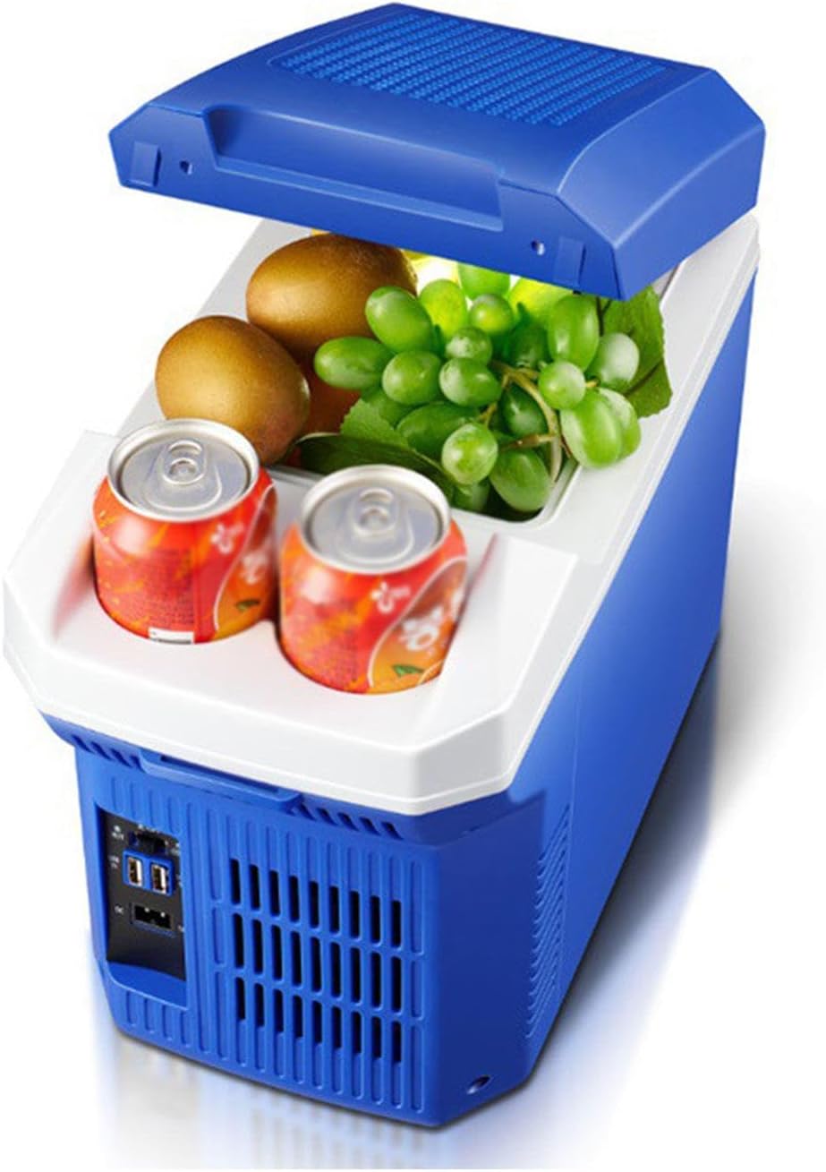 12V Personal Thermoelectric Portable Electric Cooler Warmer Fridge 8 Liter Capacity with 12V DC & 100-240V AC USB Mini Car Refrigerator for Beverage, Food, Home, Office and Car,Blue