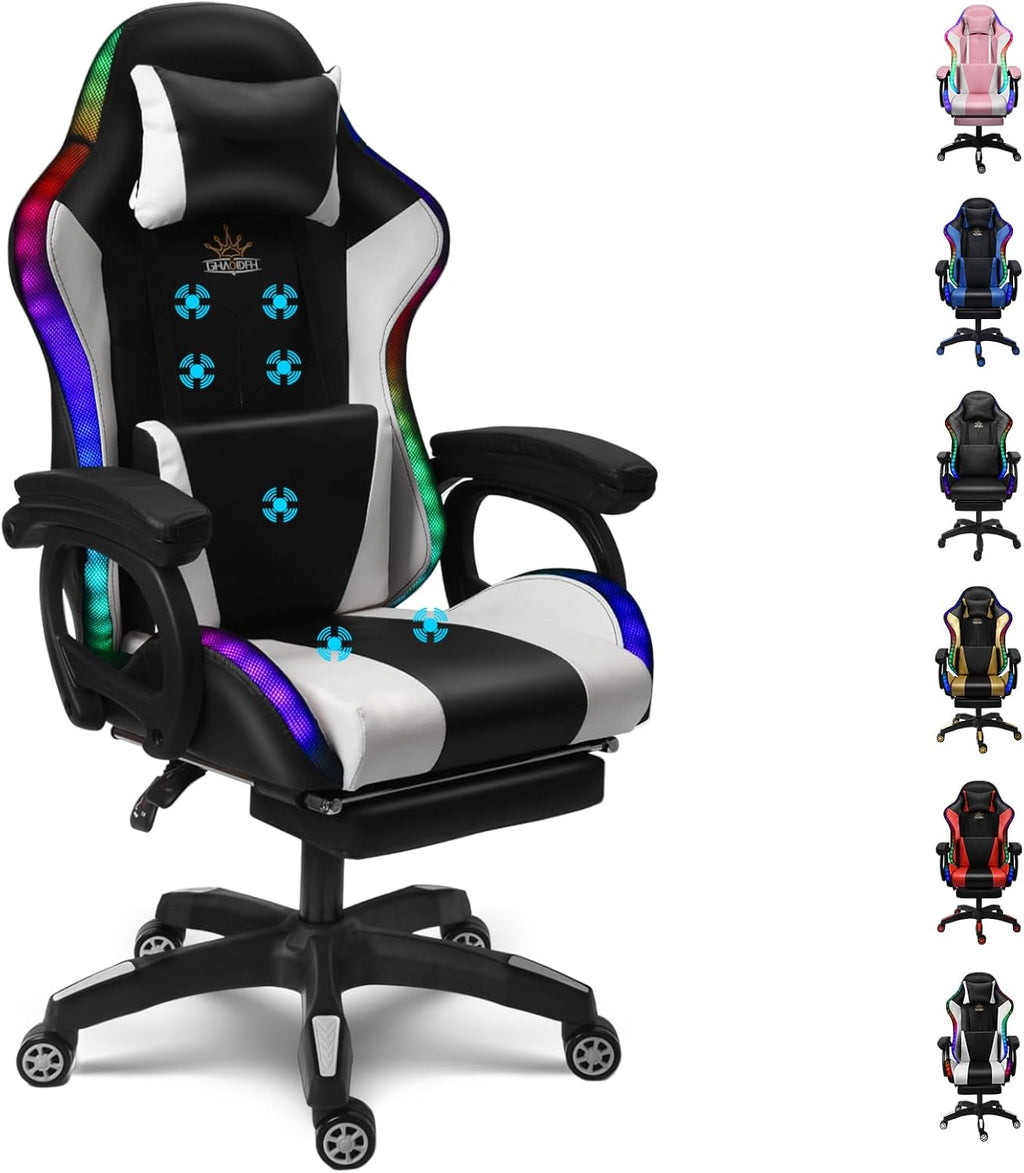 RGB Gaming Chairs with Speakers Ergonomic Massage Computer Chair, PU Leather Office Chair Adjustable Desk Chairs with Footrest, 360°Swivel Big and Tall Gamer Chair for Adults,White